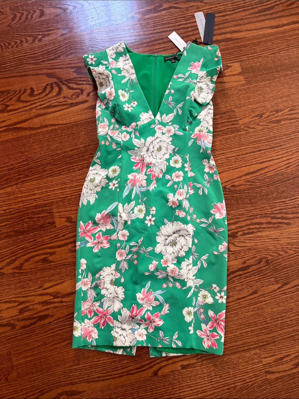 Black Halo Emerald Green Floral V-Neck Midi Dress with Pink Accents